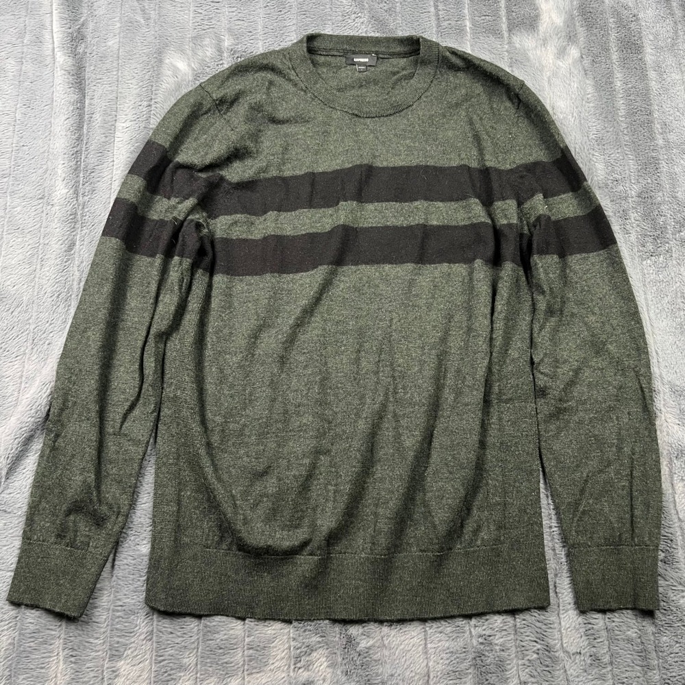 Express Mens Merino Wool Sweater Large Olive Green Black Striped Crew Neck 12844